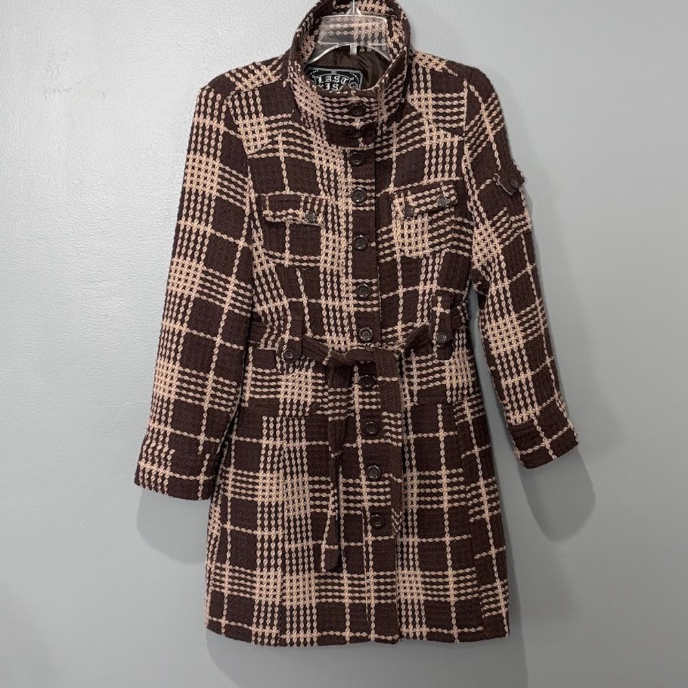 Last Kiss Plaid Trench Coat Wmns L Brown Woven Belted Classic Chic Jacket Lined